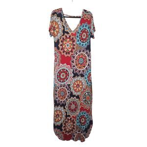 GRECERELLE Dress Womens Medium Multicolor Mandala Maxi V Neck Boho Casual Travel